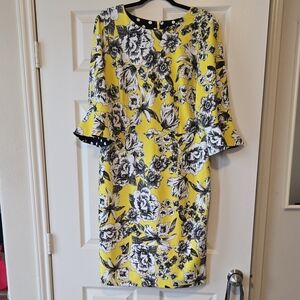 Shelby & Palmer Yellow Floral Sheath Dress with Bell Sleeves